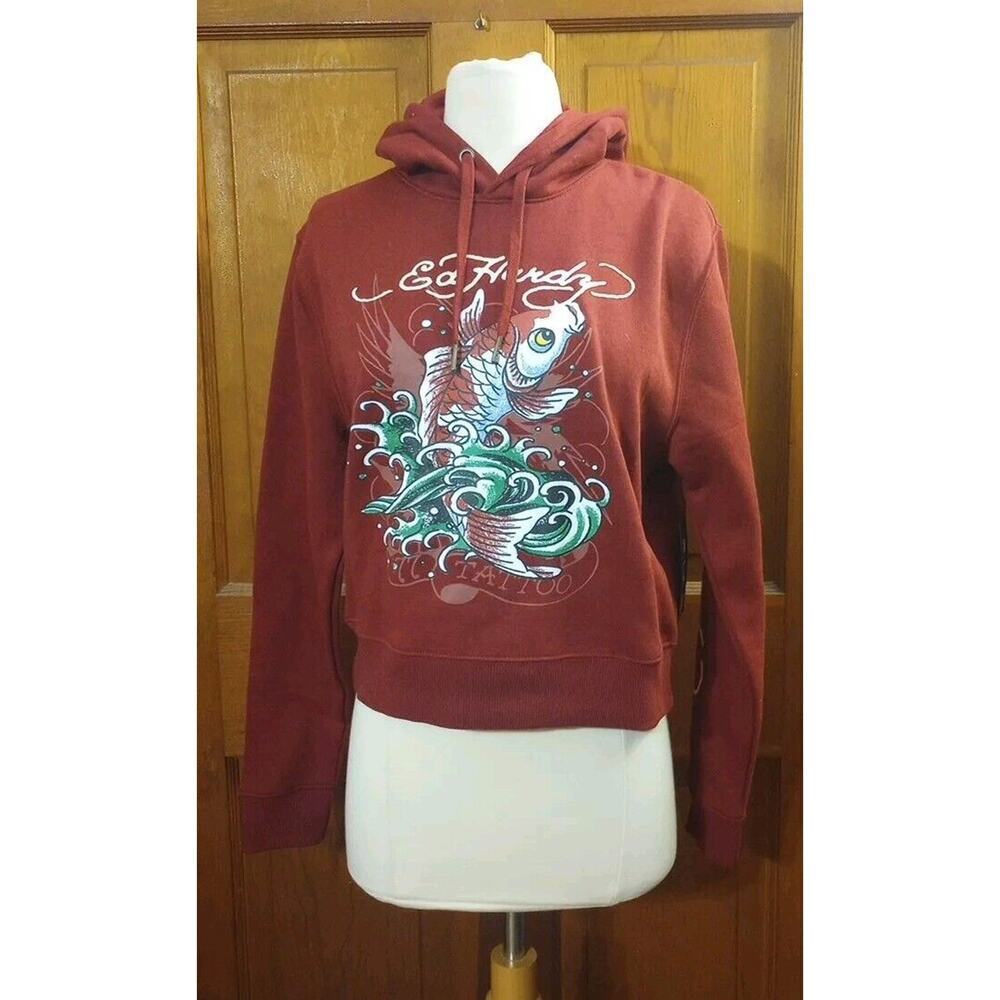 Ed Hardy Woman’s Koi Fish Hoodie New Sz M Graphic Maroon Crop Tattoo Retro‎ Y2K